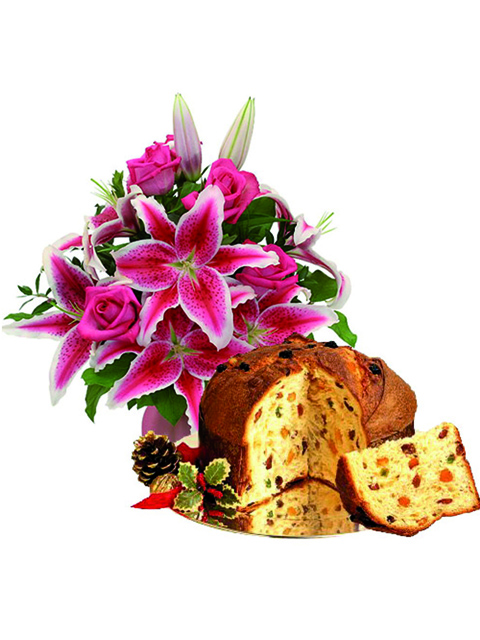 Mazzo di rose rosa e lilium con panettone